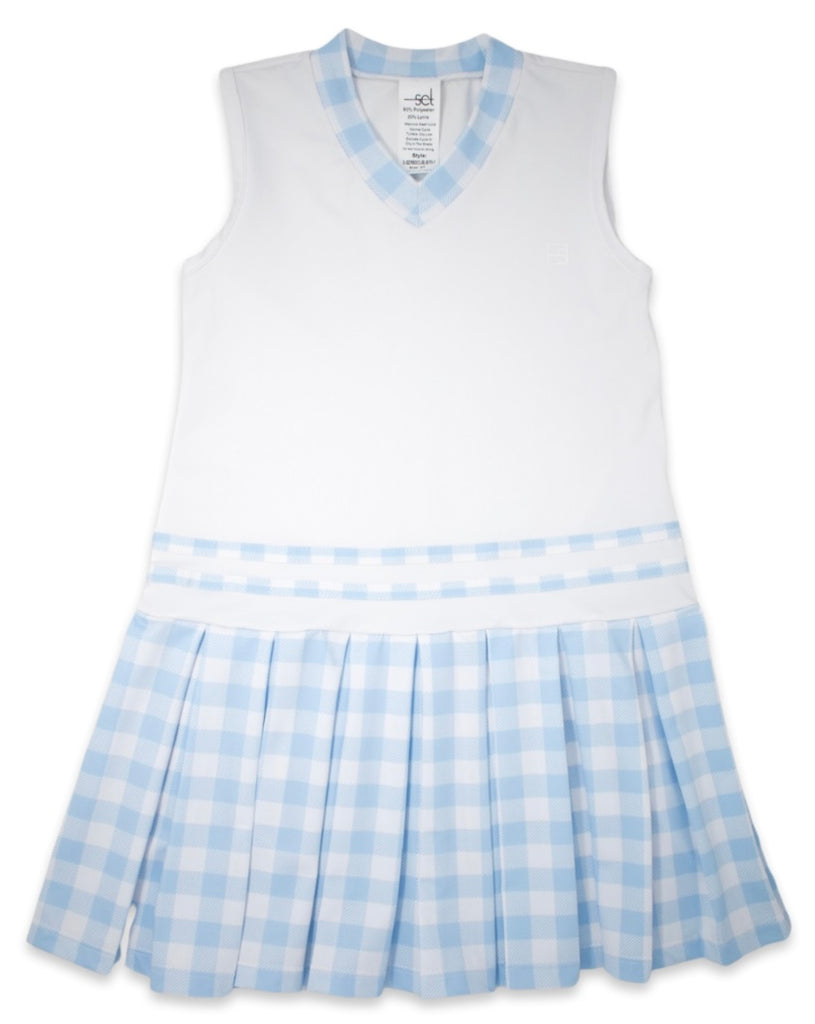 Polly Dress- White/ Light Blue Buffalo Check