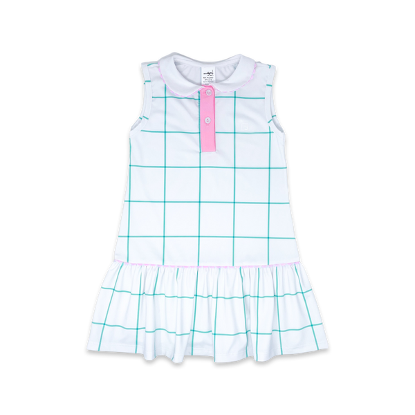 Darla Dropwaist Dress- Mint Windowpane/ Flamingo Pink