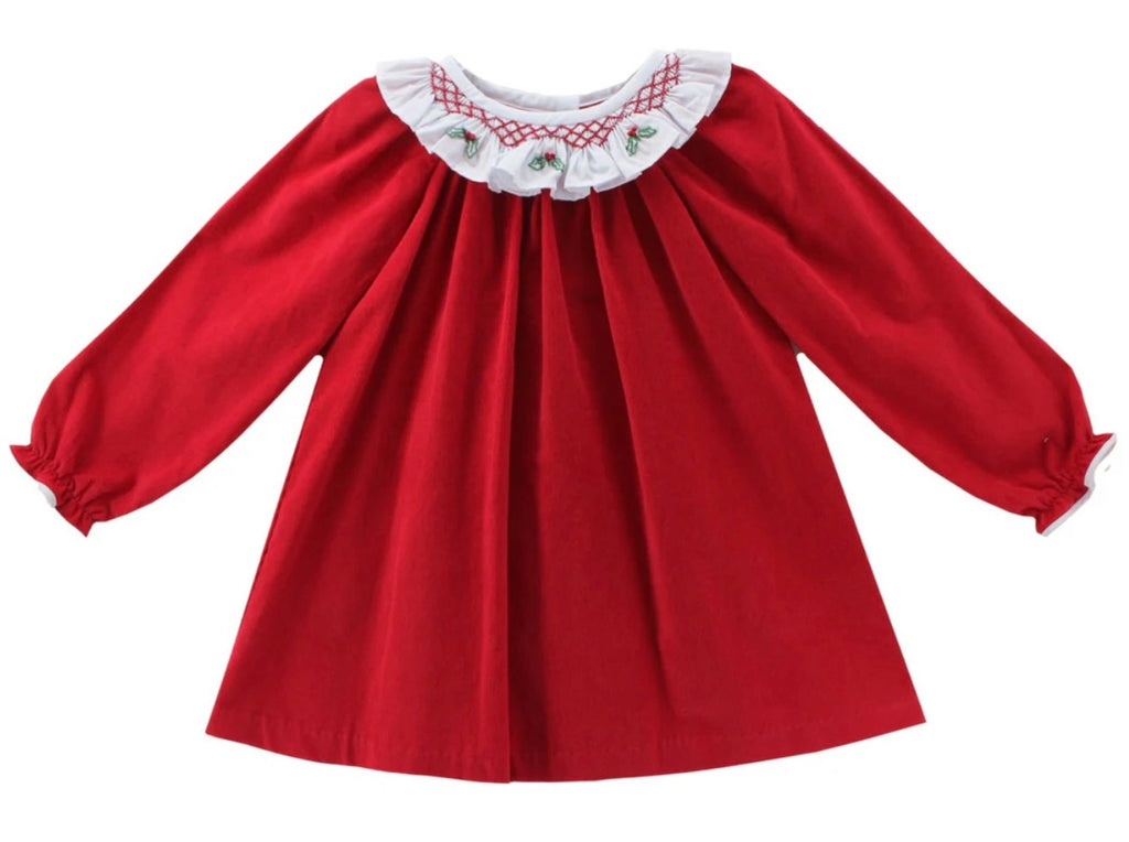 Scarlett Smocked Collar Dress- Red Corduroy