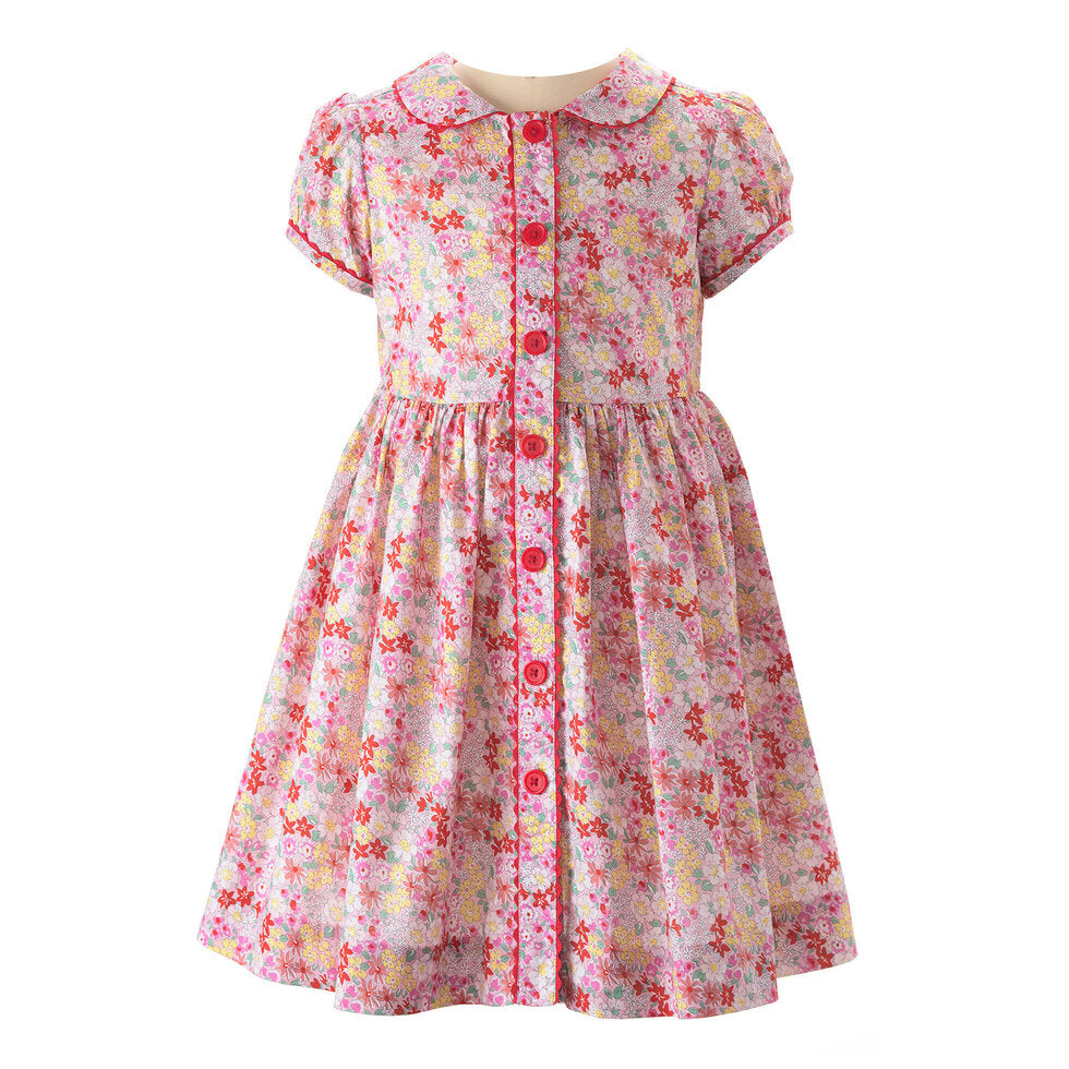 Button Front Dress- Pink Ditsy Garden