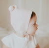 Rib Knit Bonnet w/Pompom- Pink - Blue Bonnet