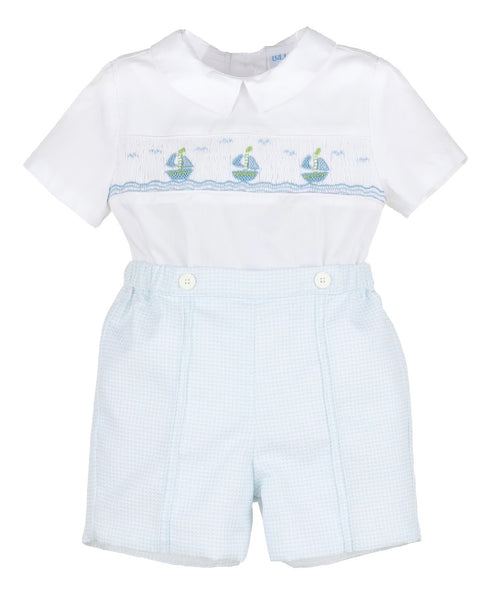 Smocked Sailboat Button On- Blue
