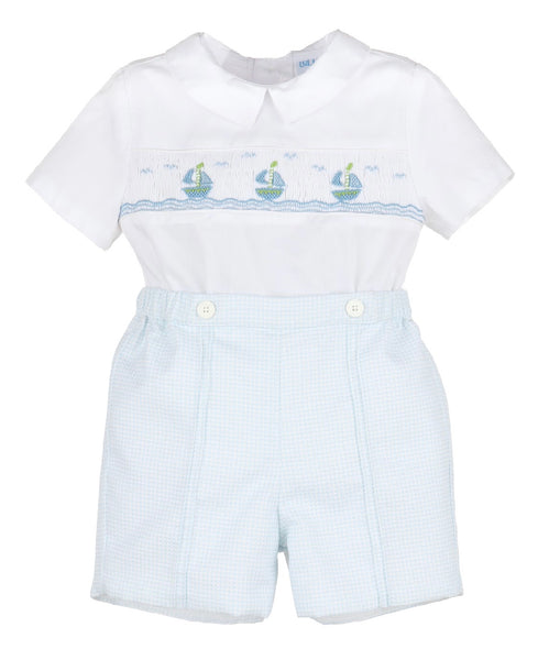Smocked Sailboat Button On- Blue
