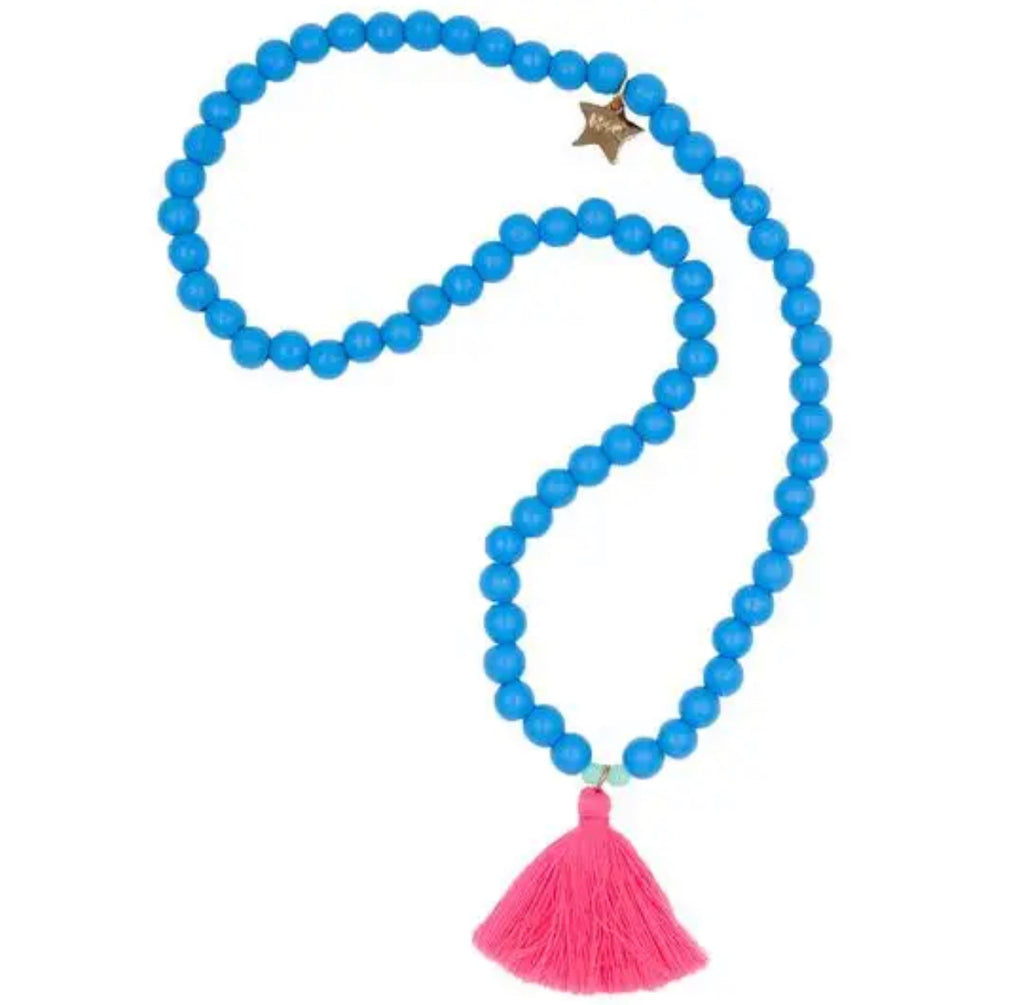 Blue Beaded Necklace w/ Pink Tassel