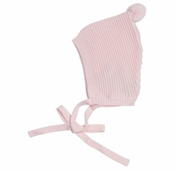 Rib Knit Bonnet w/Pompom- Pink - Blue Bonnet