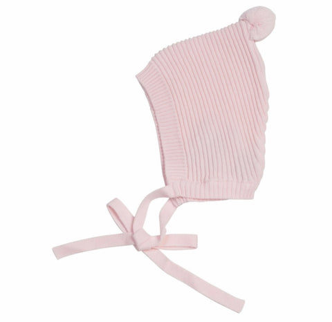 Rib Knit Bonnet w/Pompom- Pink
