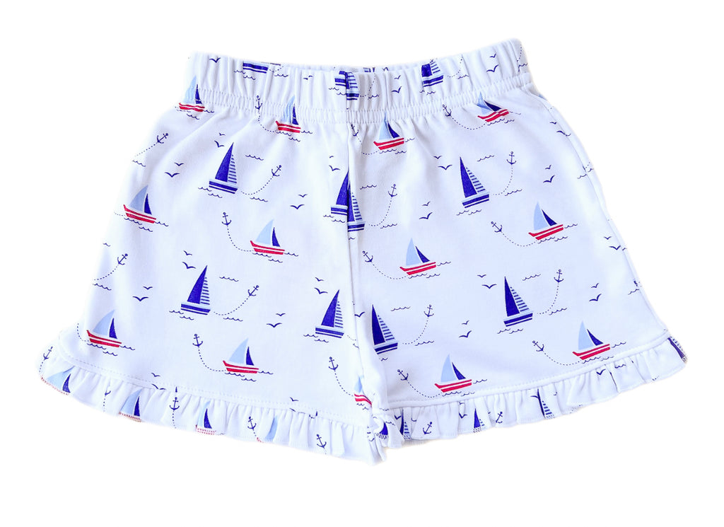 Ruffle Knit Shorts- Royal Sailboat