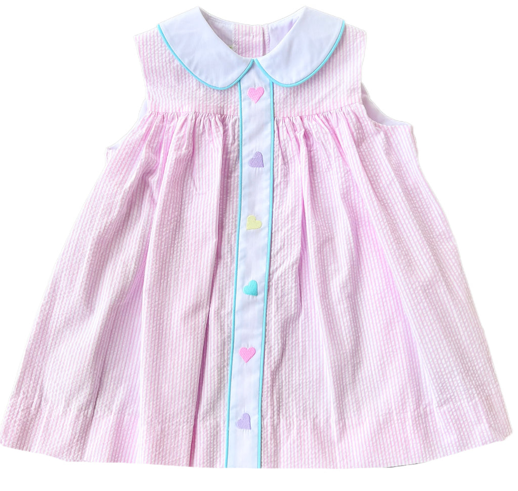 Marietta Pink Seersucker Dress w/ Embroidered Hearts